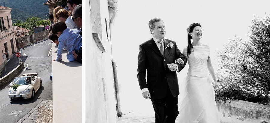 bride arriving at the church on a new beetle, with his father arm in arm