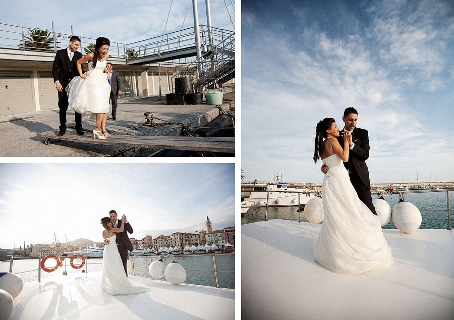 bride and groom portrait session on a yacht on the Mediterranean sea in italy