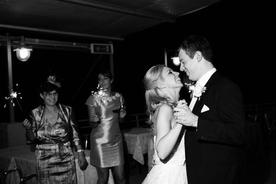 first dance of bride and groom during wedding in italy, cinque terre