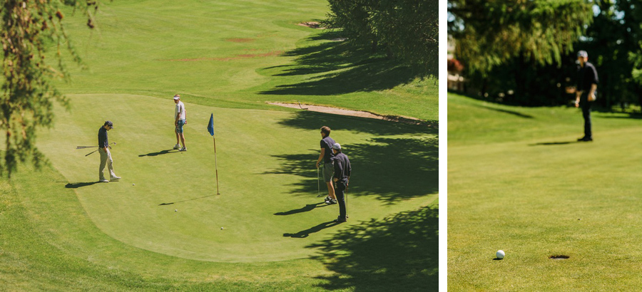 before their wedding at LeCrans Hotel in crans-montana the groom and the boys are playing golf