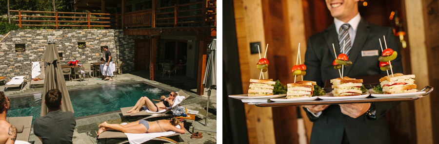 pool and fun and sandwiches before wedding at LeCrans Hotel in Crans-Montana