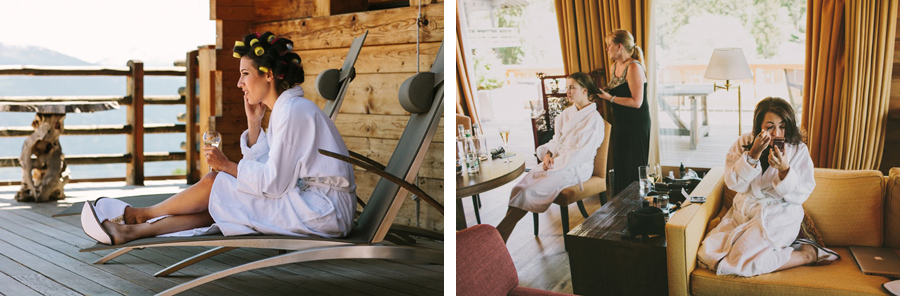 bride and her bridesmaids are getting ready for the wedding at LeCrans Hotel in Crans-Montana