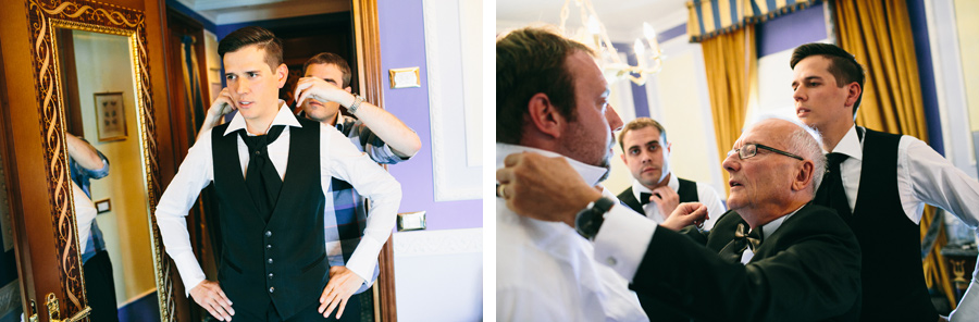 Groom getting ready for wedding at Grand Hotel des Iles Borromees, Stresa, Italy.