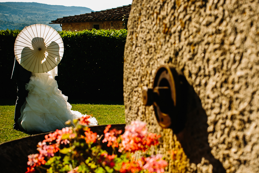 Bride and groom portrait at castello del trebbio tuscany