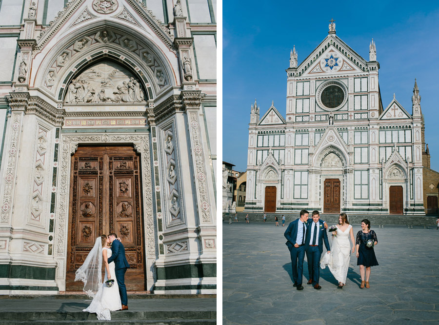 bride and groom with bridal party in florence in piazza santa cr