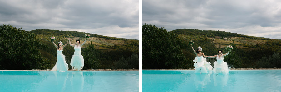 brides jumping into the pool