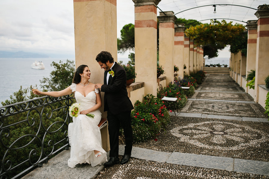 wedding portrait bride and groom with a view at la cervara