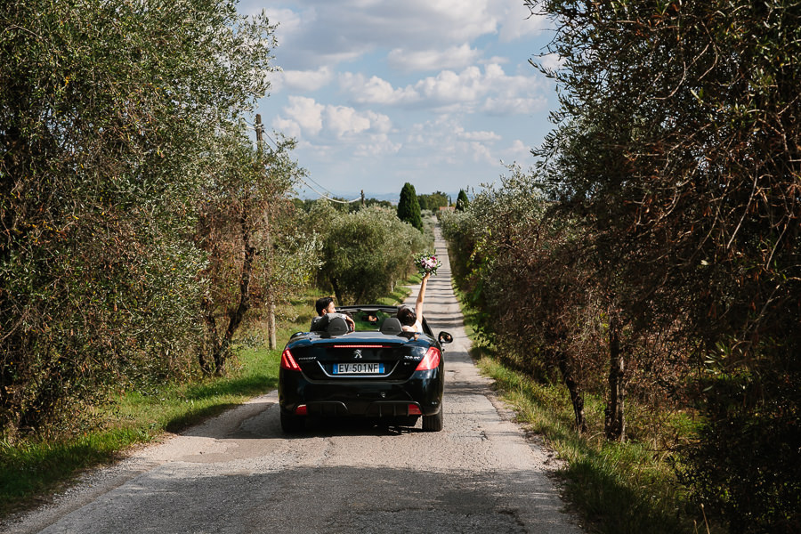 Bride and Groom Wedding Car Olive Trees