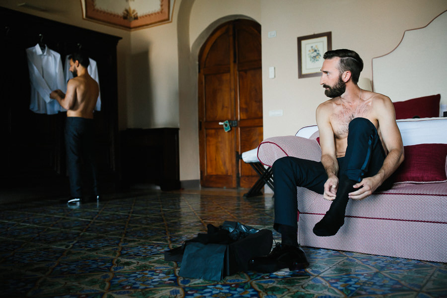 groom getting ready for gay wedding at villa cimbrone