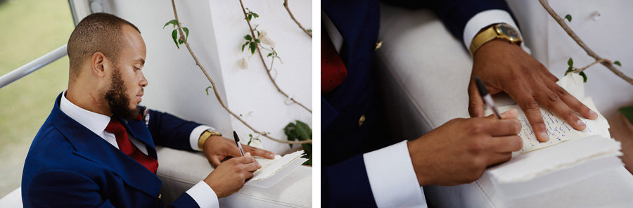 Groom writing down his vows at villa eva wedding