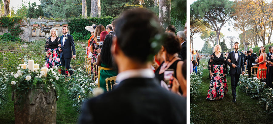gay groom walking down the aisle with his mother for wedding cer