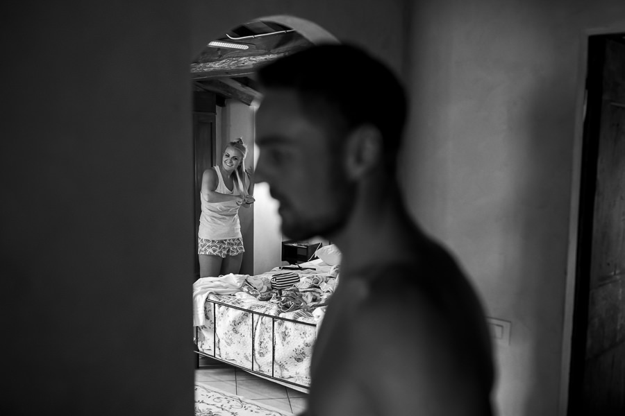 Groom getting ready for wedding at Castello del Trebbio