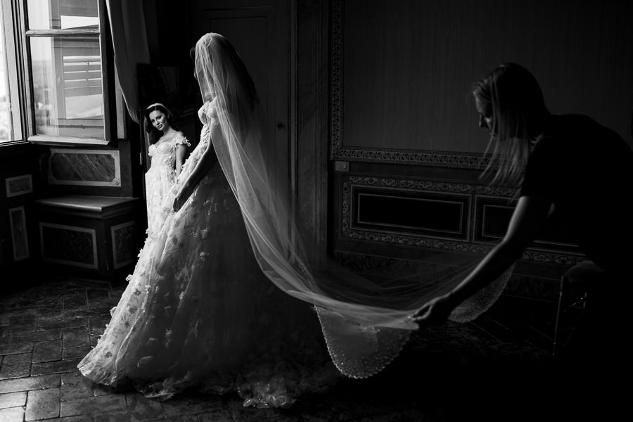 Bride getting ready for wedding ceremony at Villa Corsini