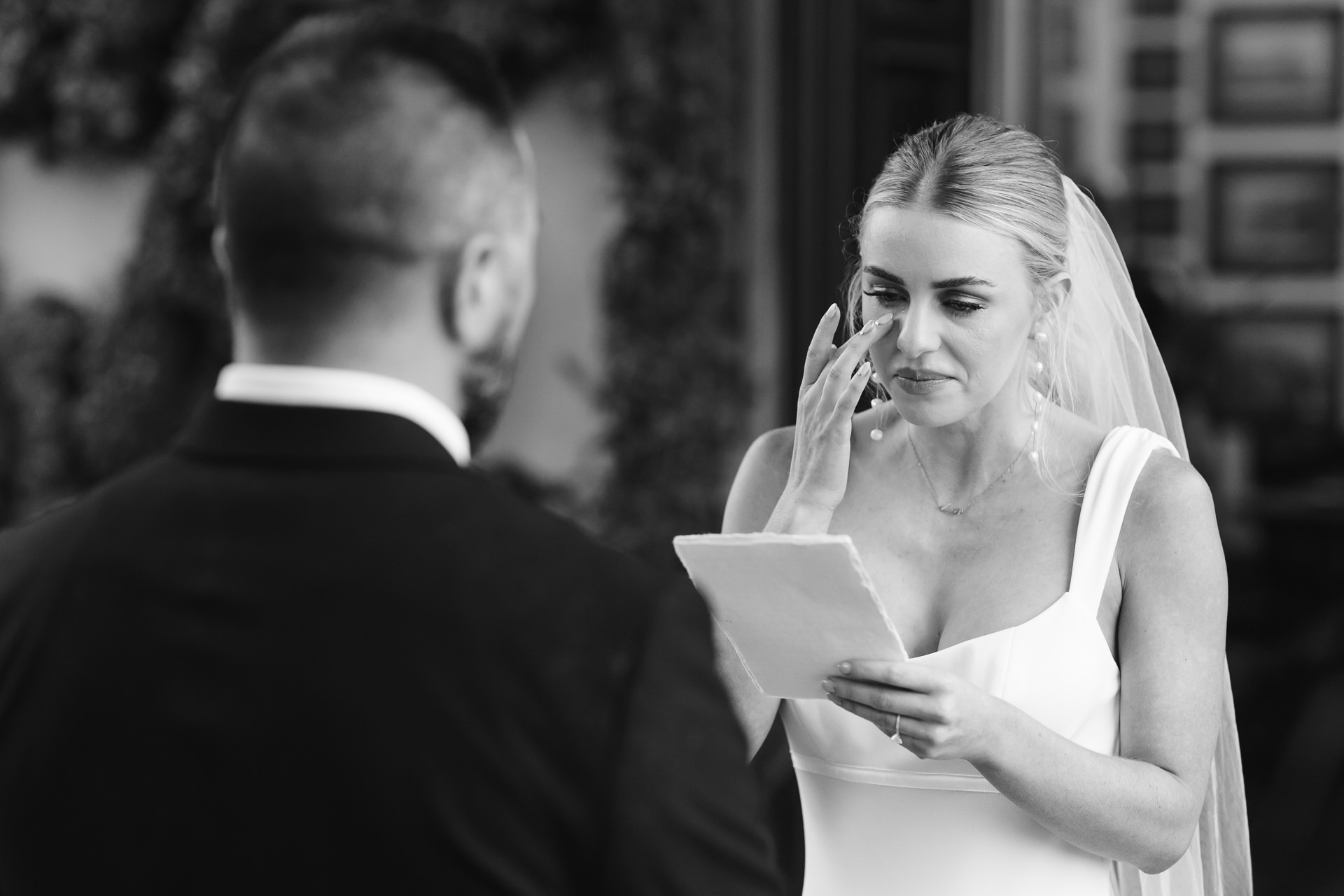 Villa del Balbianello Wedding Ceremony Pic in BW at Lake Como | The bride was Breaking her composure for just a moment